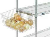 Nexel wire shelving utility basket helps organize files and manuals.